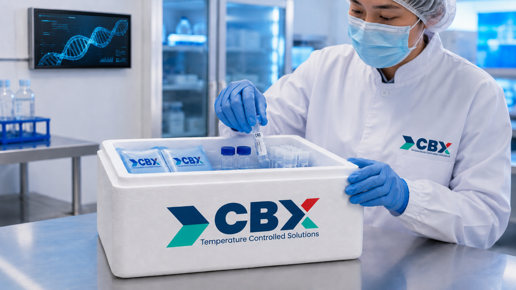 CBX biotech and life sciences sample packaging handled in a controlled lab