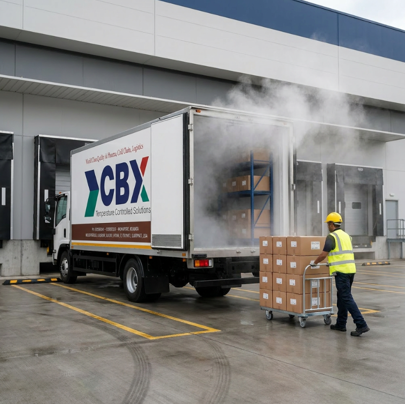 CBX reefer truck loading temperature controlled cargo at a warehouse dock